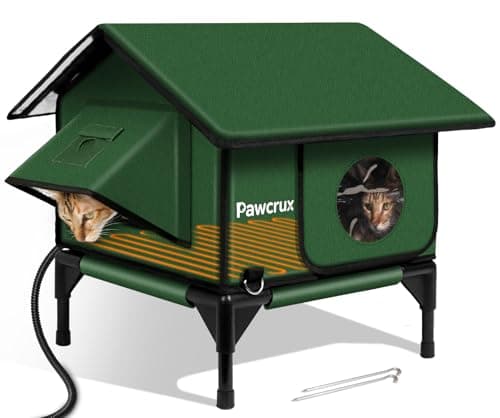 100% Waterproof Heated Cat House for Outdoor with Safe Escape Door, Heated Cat Bed Weatherproof Cat Shelter Kitty with Cat Heating Pad, Insulated Warm House for Feral Cat (Green, S)