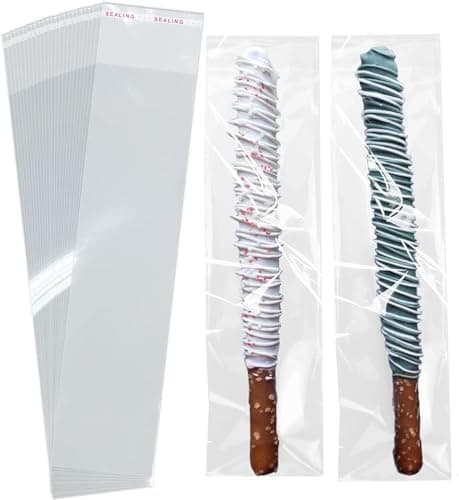 SUREHOME Pretzel Rod Bags 200 Pcs 2x8 In Clear Self Sealing Cellophane Bags for Chocolate Covered Pretzel Stick Individual Resealable Plastic Cello Bag for Party Favors Candy Treats Popsicle Packaging