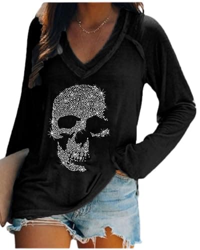 Women's Rhinestone Skull Shirt Tops V Neck Long Sleeve Casual Loose Blouse Pullover Short Sleeve Sleeveless Fall Black, XL