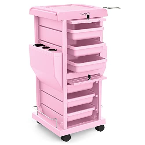 TASALON Professional Salon Trolley Cart, Lockable 6 Trays & 2 Holders, Space Saving Mobile Storage for Hair Salon and Beauty Station - Pink
