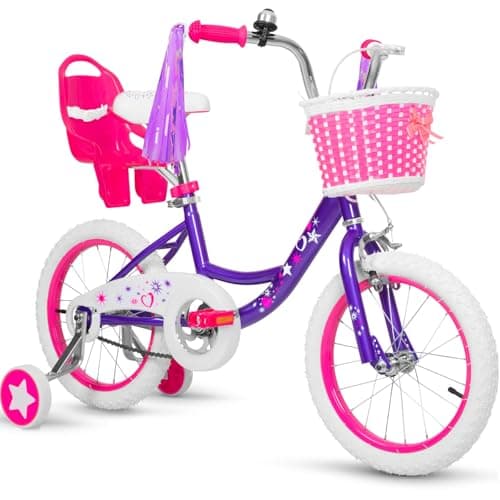 WEIZE Girls Bike for 3-5 Years Old Kids, 14 Inch Kids Bike with Training Wheels, Streamers, Basket and Doll Seat, Children Bicycles with Coaster Brake, Multiple Colors