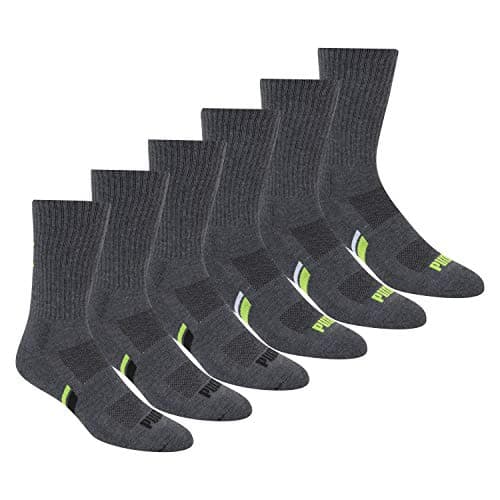PUMA Men's Crew Socks (6-Pack), Grey/Green, 10-13 | Arch Support and Cushioned Footbed