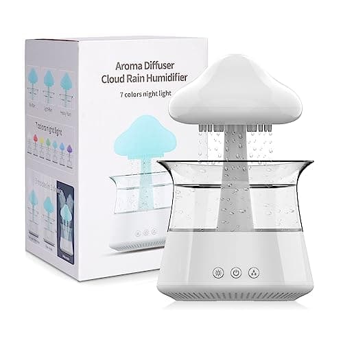 Cloud Rain Humidifier for bedroom with Soothing Rain Sounds - Bedroom Sleep Aid, Waterfall Night Light, Mushroom Design Air Moisturizer for bedroom and living room (White)