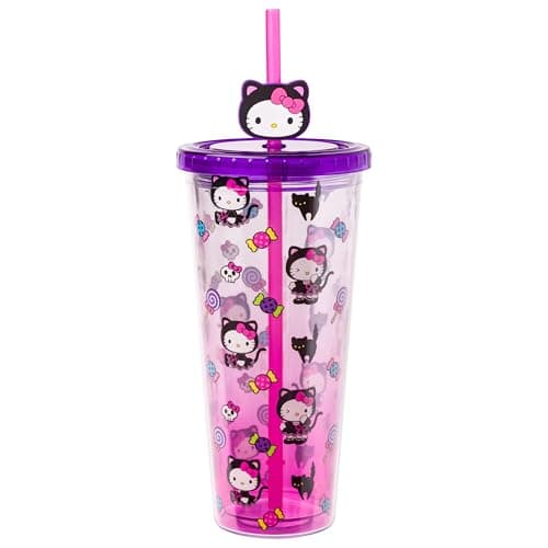 Silver Buffalo Sanrio Hello Kitty Halloween Costume Black Cat and Candy Plastic Cold Cup with Lid and Straw Topper, 24 Ounces
