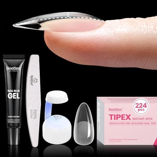 Beetles Tipex Gel Nail Kit, Medium Almond Nail Tips 224 Pcs 16 Sizes Pre-Building Pre-Etched Thick Acrylic Tips with Tipex Glue, Mini Lamp