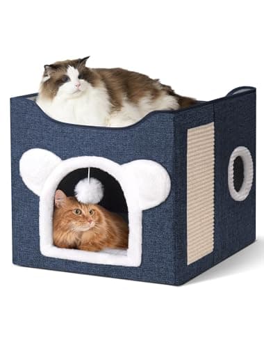 Cat Houses for Indoor Cats, Large Cat Cave with Fluffy Ball and Scratch Pad, Covered Cat Bed House, Foldable Cat Hideaway