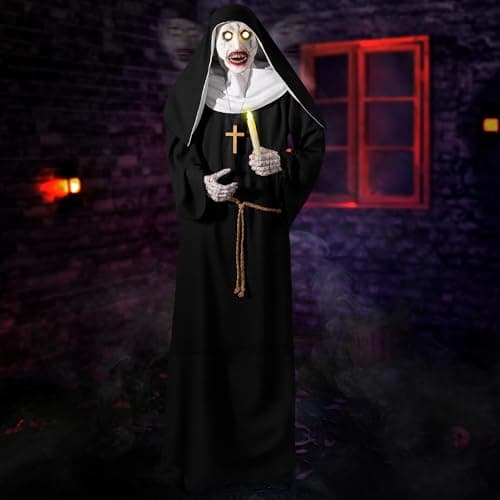 Halloween Animatronics 6ft Nun Animated 72inch Sister Decoration with Motion Sensor Activated, Creepy Sound, Scary Move, Light Up Eyes, Haunted House Spooky Decor Horror Prop for Indoor, Outdoor, Yard