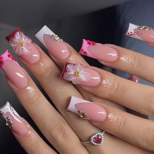 French Tip Press on Nails Long Square Fake Nails Red Acrylic Press on Flowers Artificial Nail With Designs Stick on Nail for Women 24pcs