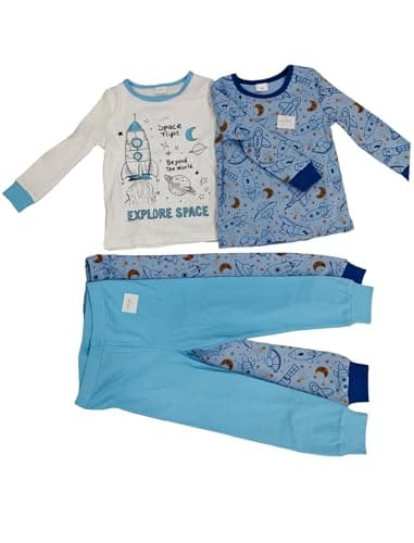 Mikrdoo Boys Pajamas Size 7 Long Sleeve Tops and Pants 4-Piece Cotton Sleepwear for Kids, Spaceship