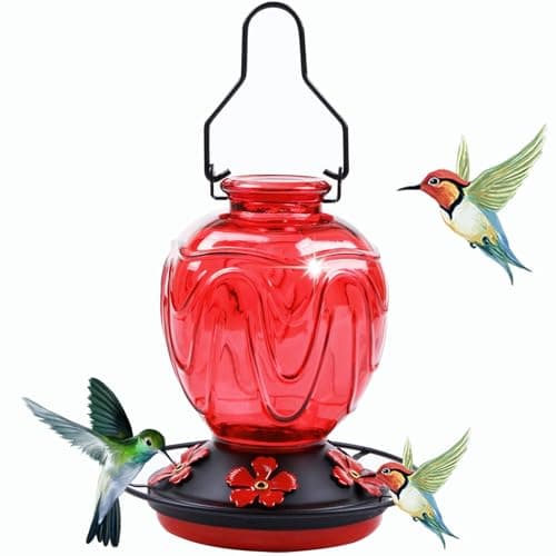 Glass Hummingbird Feeder for Outdoors Hanging, 24Ozs Humming Bird Nectar Feeder w/Perch, 5 Flower Feeding Ports, Leak Proof Base and Hook for Outside Garden Backyard Decor, Gifts for Women Mom, Red