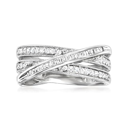 Ross-Simons 0.33 ct. t.w. Round and Baguette Diamond Crisscross Ring in Sterling Silver. Size 7