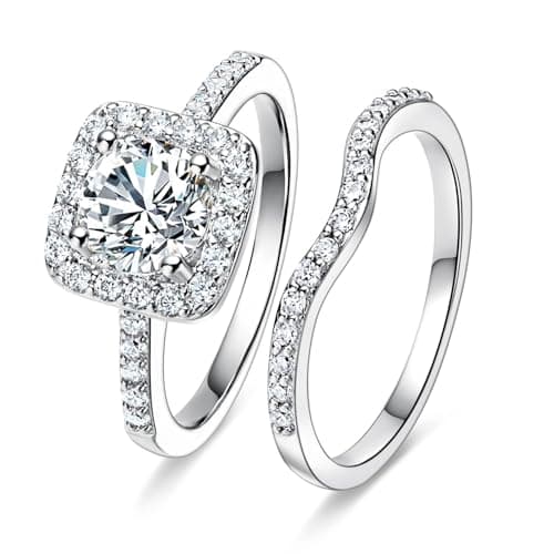 MDFUN 18K White Gold Plated Cubic Zirconia Two-In-One Halo Wedding Engagement Promise Eternity Ring for Women Size 7