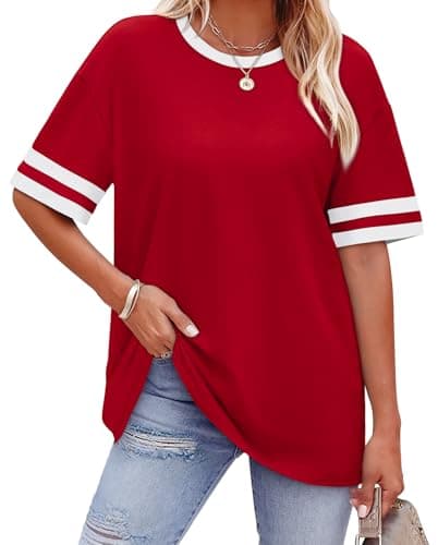 WIHOLL Plus Size Tops for Women T Shirts Crew Neck Summer Sports Style Color Block Sleeve Tee Plain Clothes Spring Outfits for Women Tops School Outfits for Teachers 2025 Deep Red 2XL