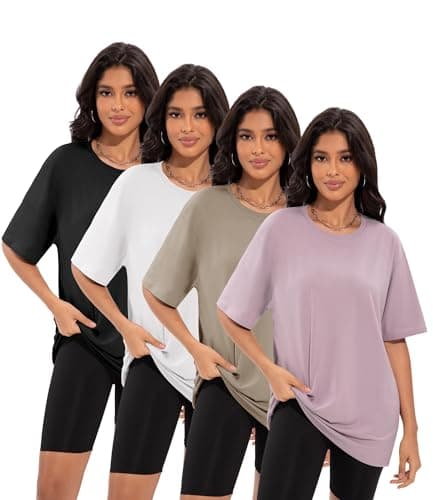 Siimcuzy 4 Pack Oversized Tshirts for Women, Loose Fit Crew Neck Summer Baggy Tops Workout Tees Plus Size T Shirts 1 Black 1 White 1 Dark Pink 1 Khaki X-Large