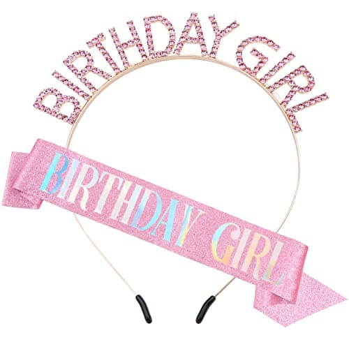 PQRUU Glitter Birthday Sash, Tiara and Rhinestone Headband Set - Pink Birthday Accessories for Her
