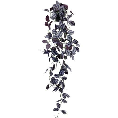 LOYWREE Small Fake Hanging Purple Eyebrow Leaf Plant Artificial Potted Plants Indoor 39-in Long Faux Dark Black Vine Plant with Pot for Shelf Home Office and Outdoor Garden Decor (Black Pot)