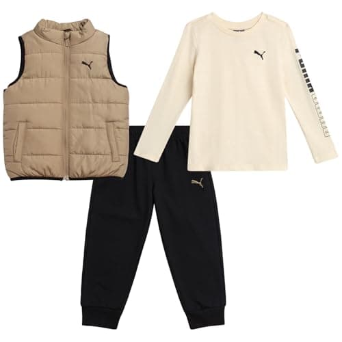 PUMA Toddler Boys Pants Set - 3 Piece Long Sleeve Shirt Kids Puffer Vest and Boys Pants Clothing Set (Sizes: 2T-7), Size 4T, Light Brown
