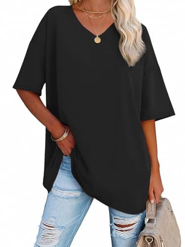 ATHMILE Womens Summer Oversized Shirts V Neck Plus Size Spring Workout Tops Beach Vacation 2025 Gym Clothes Black