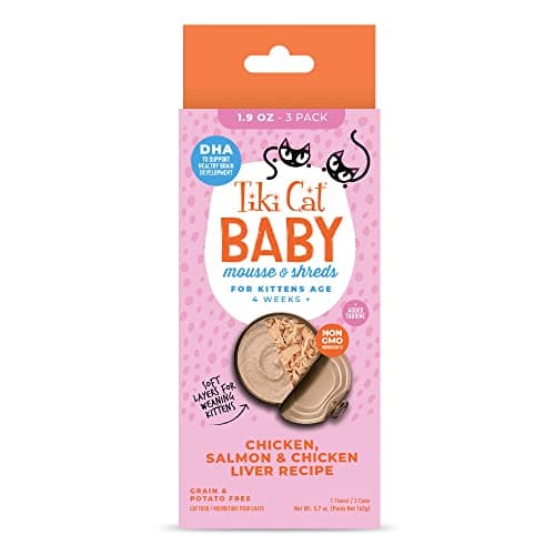 Tiki Cat Baby Mousse & Shreds, Chicken, Salmon, and Chicken Liver, High-Protein, Wet Cat Food for Kittens 4 Weeks+, 1.9 oz. Cans (Pack of 3)