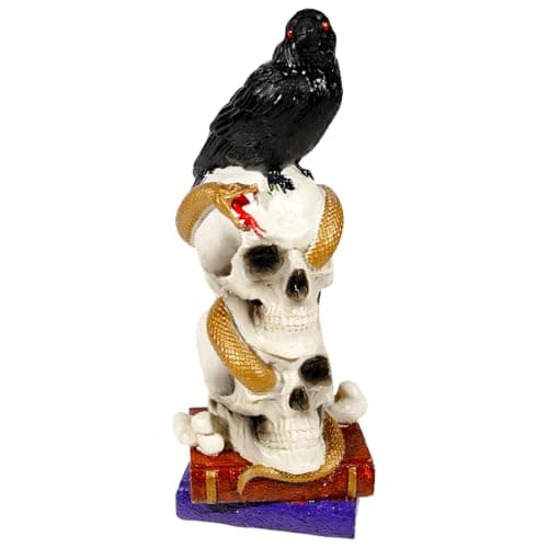 Wowagoga Halloween Resin Crow Skeleton Skull Head, Totem Pole Decor with Book Skull Snake Raven 8 Inch Tall Macabre Art Sculpture for Home Office