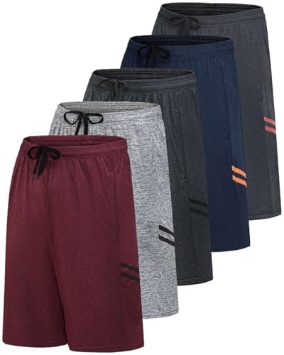 Real Essentials Men’s 5 Pack: 9" Dry-Fit Shorts – Athletic Gym, Workout, Basketball, Running, Casual Lounge Active Pockets, Set 6, L