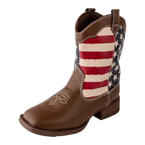 Baby Deer Brown (Red/White/Blue), Faux-leather, Rubber-soled, Kids Square Toe Stars & Stripes Boot for Children