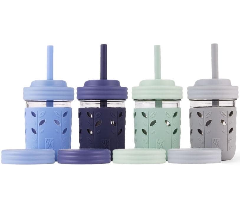 Elk and Friends Kids + Toddler Glass Cups | The Original 8oz Glass Mason Jar with Sleeves + Lids | Silicone Straws + Stopper | Smoothie Cup | Food Storage | Spill Resistant | Dishwasher Safe | 4 Pack Gray/Sage/MistyBlue/Navy 4 Pack