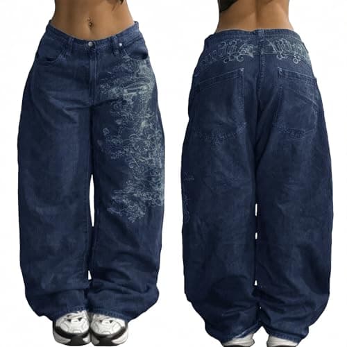 EMMIOL Women Boyfriends Hip Hop 90s Vintage Baggy Jeans Mid-Low Waist Jeans Loose Denim Pants