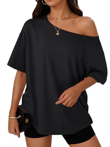 Trendy Queen Womens Off The Shoulder Tops Oversized T-Shirts Short Sleeve Tees Summer 2025 Casual Spring Fashion Clothes Black M