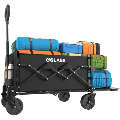 Golabs Collapsible Wagon Cart Max 350lb Load & Expandable Storage 100L, Double Bearing Design for Flexible Steering, Foldable Heavy Duty Garden Cart with 2 Cup Holders for Groceries, Garden & Camping