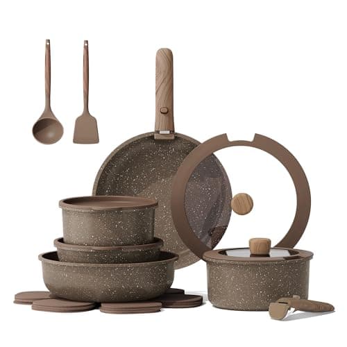 CAROTE 17PCS Pots and Pans Set Non Stick with Detachable Handle, Nonstick Cookware Sets, Cooking Kitchen Set, Oven/Dishwasher Safe, Induction Cookware, Brown, RV Kitchen Pot and Pan