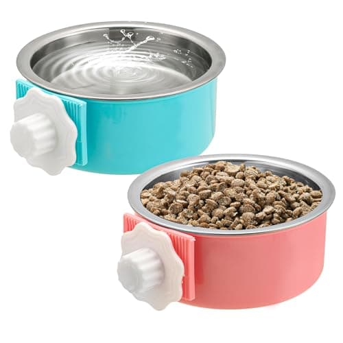 Mechpia 2 Pieces Crate Dog Bowl, Removable Stainless Steel Pet Kennel Hanging Food Water Feeder Bowl Cage Coop Cup for Puppy Medium Dog Cat Rabbit Ferret Bird (Blue,Red)