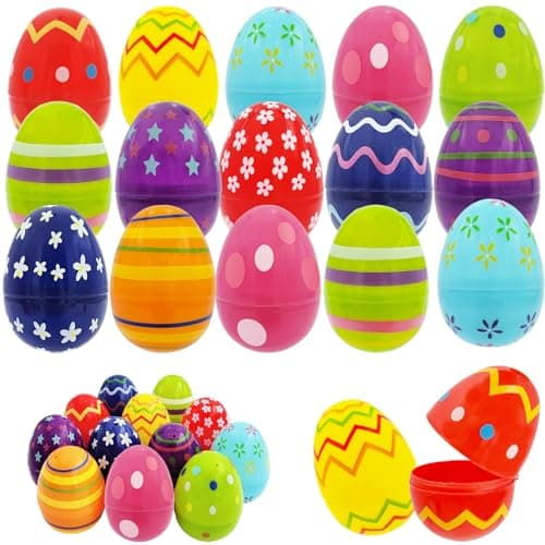 Chochkees Printed Plastic Easter Eggs Fillable with Hinge Colorful, Perfect for Easter Egg Hunt, Surprise Egg, Easter Hunt, 2.3" Inch Assorted Bright Colors (Pack of 12)