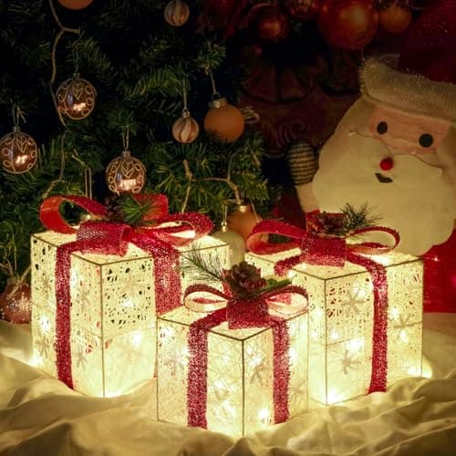 Christmas Decorations, Set of 3 Christmas Lighted Gift Boxes, Battery Operated Xmas Present Boxes, Warm White LED with Bows for Indoor Christmas Tree, Yard, Home Decor