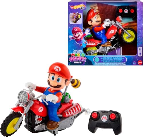 Hot Wheels Mario Wheelie Motocross RC, Remote-Control Motorcycle | Battery-Powered Moto with Figure that Moves & Tilts with Turns, Inspired by The Super Mario Bros. Movie