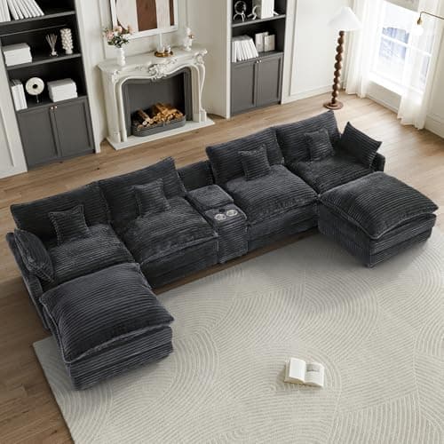 HYJT-H&K 145" U Shaped Cloud Couch Modular Dark Grey Sectional Couches for Living Room, Comfy Fluffy Corduroy Oversized Cloud Sectional Couch Large 6 Seat Sectionals Sofa Set Central Console USB Port