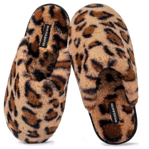 Snug Leaves Women's Fuzzy Scuff Slippers Soft Comfy Memory Foam Non-slip Indoor House Shoes (Cheetah Brown, Size 7-8)