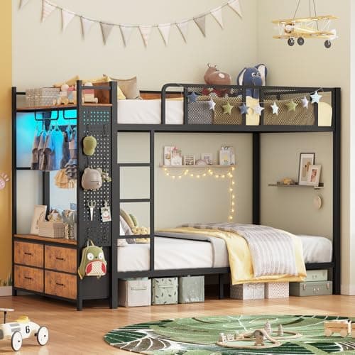 Itaar Metal Bunk Bed Twin Over Twin with Hall Tree, Power Outlet, LED Bunk Bed with 4 Storage Drawers, Bed with Safety Guardrail & Ladders, No Box Spring Needed, Easy Assembly, Rustic Brown