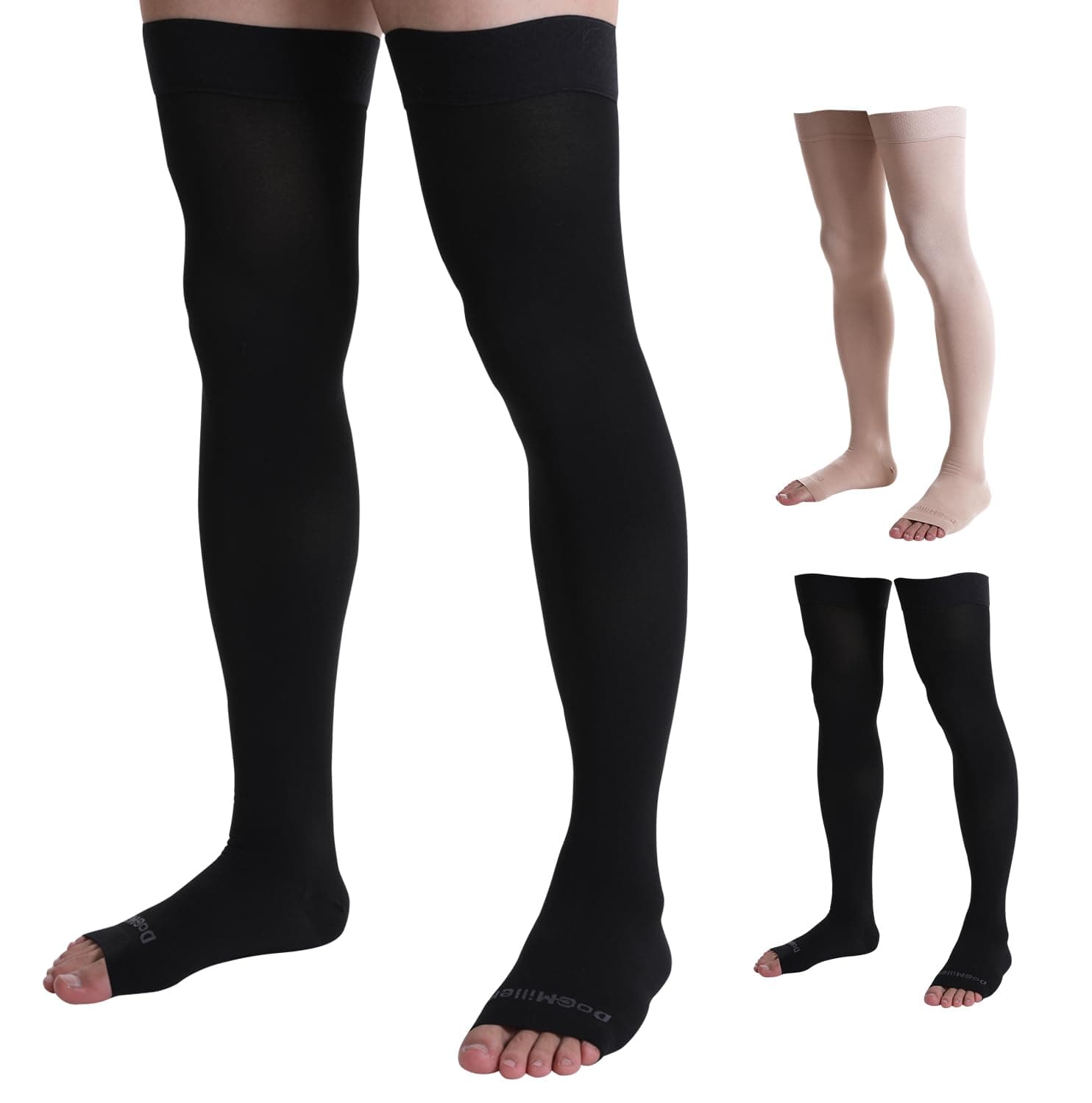 Doc Miller Thigh High Open Toe Compression Stockings 15-20mmHg for Varicose Veins, Pregnancy Support Open Toe Thigh High Compression Socks for Women and Men X-Large Black