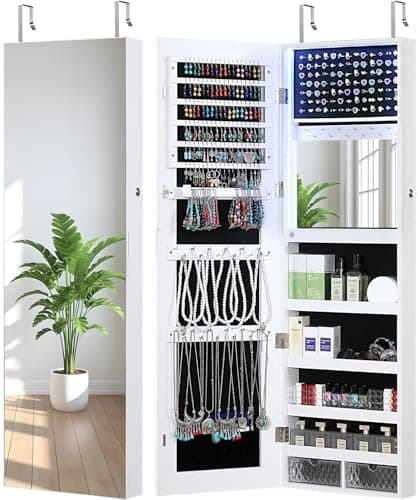 GISSAR Mirror Jewelry Cabinet, LED Lights Wall Mount Door Hanging Full Length Jewelry Organizer Armoire with Built-in Makeup Mirror and Jewelry Storage, Large Capacity Lockable Jewelry Armoire, White