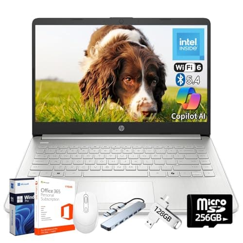 HP 2025 14" Laptop Computer, Intel N150, 16 GB RAM, 512 GB Storage(128GB eMMC + 128GB UFS + 256GB MSD), Copilot AI, Wi-Fi 6, BT 5.4, HD Cam, 1 Year Office 365, Windows 11 Pro, Accessories, Silver