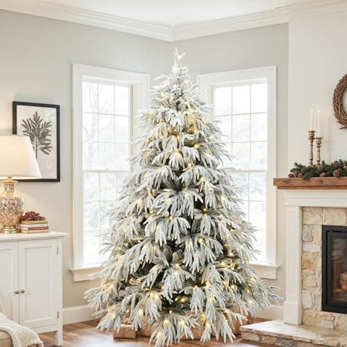 LuxenHome 6.5FT Flocked Artificial Christmas Tree, Spruce Prelit Christmas Trees Flocked with 450 Warm White LED Lights, Realistic Xmas Tree with 4000 PE+PVC Tips for Indoor and Outdoor Xmas Decor