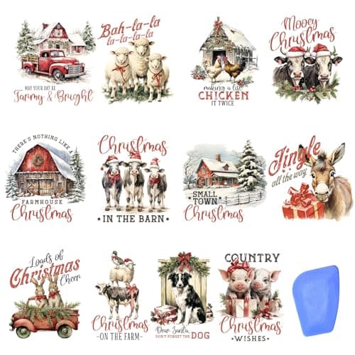 ZMRU 24 Sheets Vintage Christmas Rub On Transfers for Crafts, Rub On Transfers Christmas for Wood,Furniture Decals, Glass, Porcelain, Leather, Canvas, Fabric Projects,3 * 3inch(Farm Christmas)