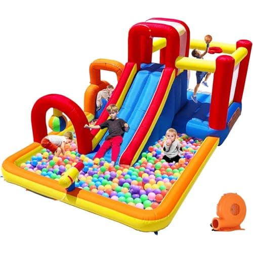 Hongcoral Inflatable Bounce House Obstacle Course with Wet or Dry Slide, Ball Pool, Climbing Wall, Boxing Ball, Small Climb&Slide – Backyard & Indoor Bouncy Castle for Kids 3-8