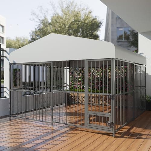 10x10x6 FT Large Dog Kennel Outdoor, Heavy-Duty Outdoor Dog Cage with Lock and Waterproof Roof, Swivel Stainless Steel Feeding Bowl- Easy Assembly for Medium & Large Dogs.