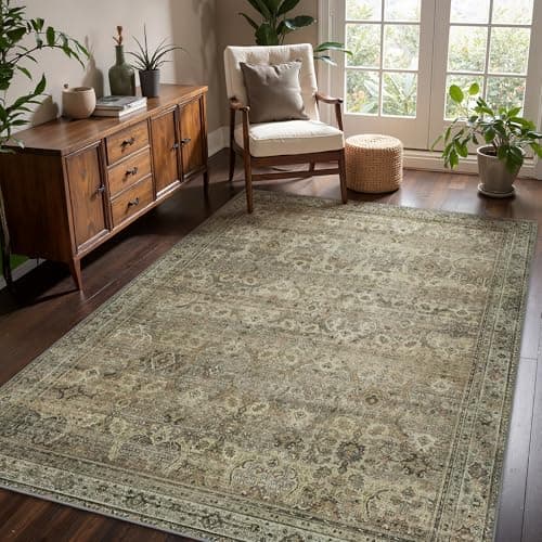 8x10 Area Rug Machine Washable Boho Rug for Living Room,Ultra-Thin Low Pile Carpet,Lightweight Indoor Printed Rug,Non Slip Floral Area Rug for Bedroom, Dining Room, Home Office,Sage