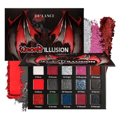 DE'LANCI Red Black Goth Eyeshadow Palette, Red Eyeshadow Goth Makeup Palette, Gray Silver Shimmer Glitter Eye shadow Pallet, Burgundy Eye Shadow for Vampire Clown Halloween Makeup,High Pigment,Vegan