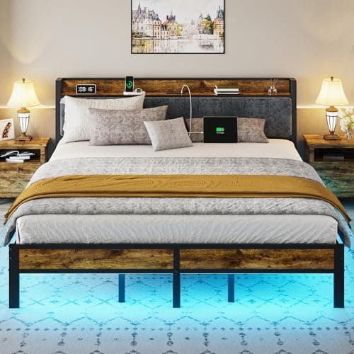 Liians King Size Bed Frame with Smart LED Lights, Storage Headboard with USB Charging Station, Metal Platform Bed Noise Free, Easy Assembly, No Box Spring Needed