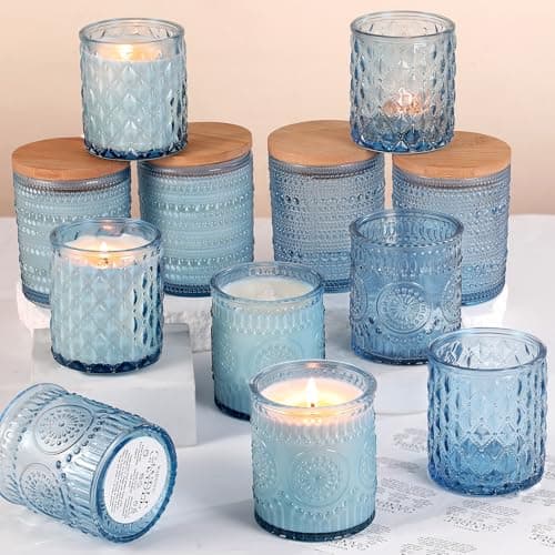 DARJEN 12 Pack Blue Candle Jars for Making Candles- 3 Styles Glass Candle Making Jars Bulk with Bamboo Lids and Labels, Candle Making Supplies Candle Vessels for DIY Gifts