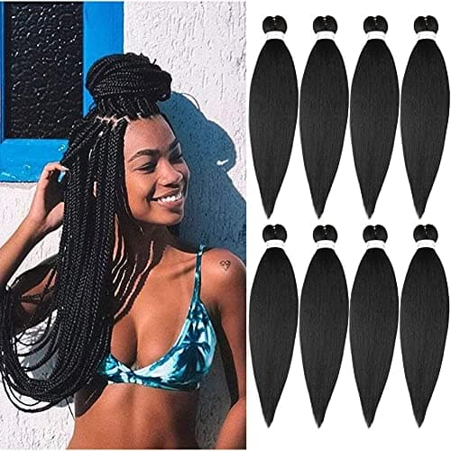 Pre Stretched Braiding Hair 20 Inch 8 Packs Natural Black Braiding Hair Pre Stretched Professional Soft Yaki Texture, Hot Water Setting Hair Extensions for Braids (20inch,#1B)